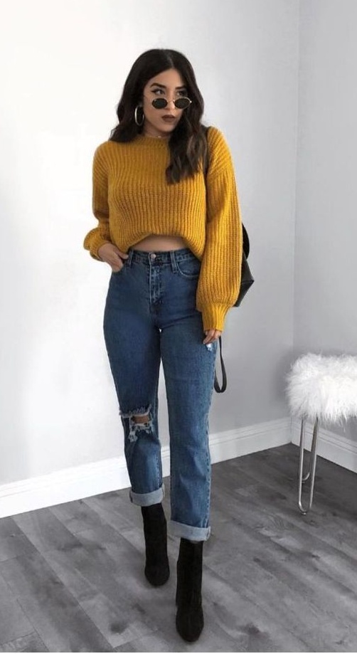 5. Mustard Cropped Sweater with Cuffed Mom Jeans and Black Ankle Boots