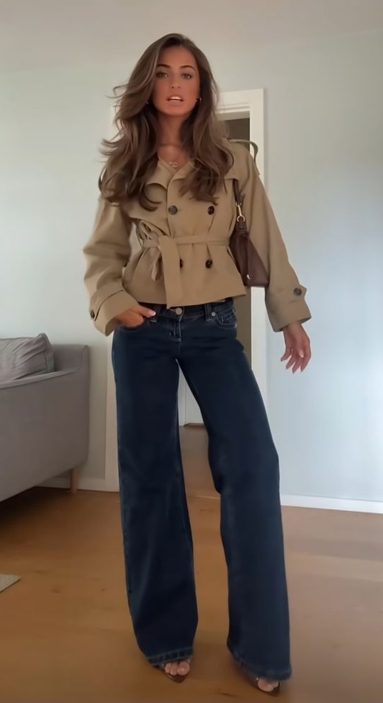 6. Belted Camel Cropped Trench with Dark Wide-Leg Jeans