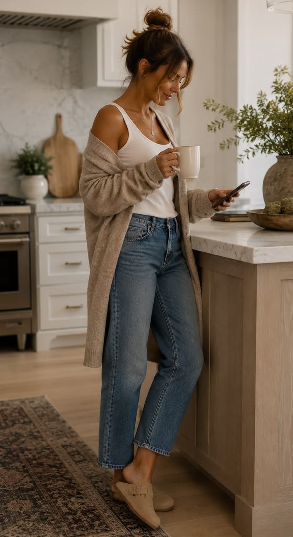 7. Slouchy Oatmeal Cardigan with Cropped Jeans and Suede Clogs at Home