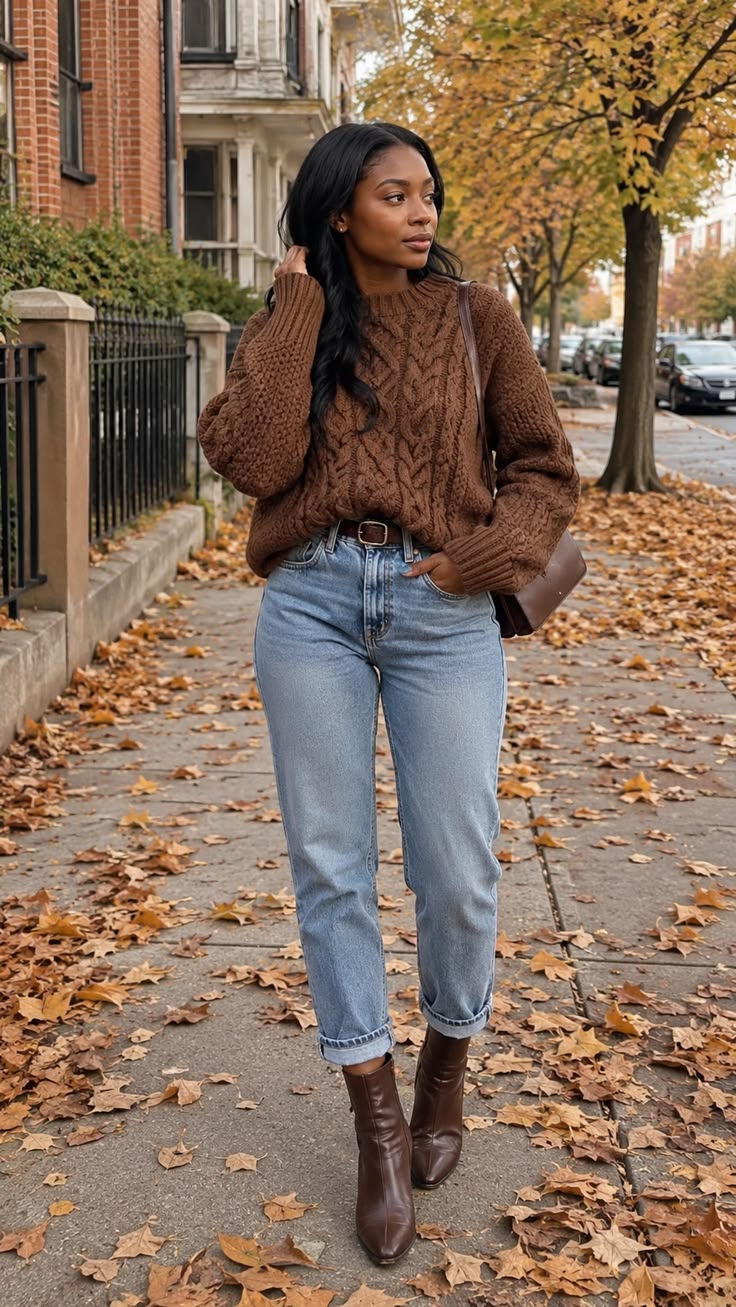 10. Tonal Brown Cable Sweater, Cuffed Light Jeans and Leather Ankle Boots