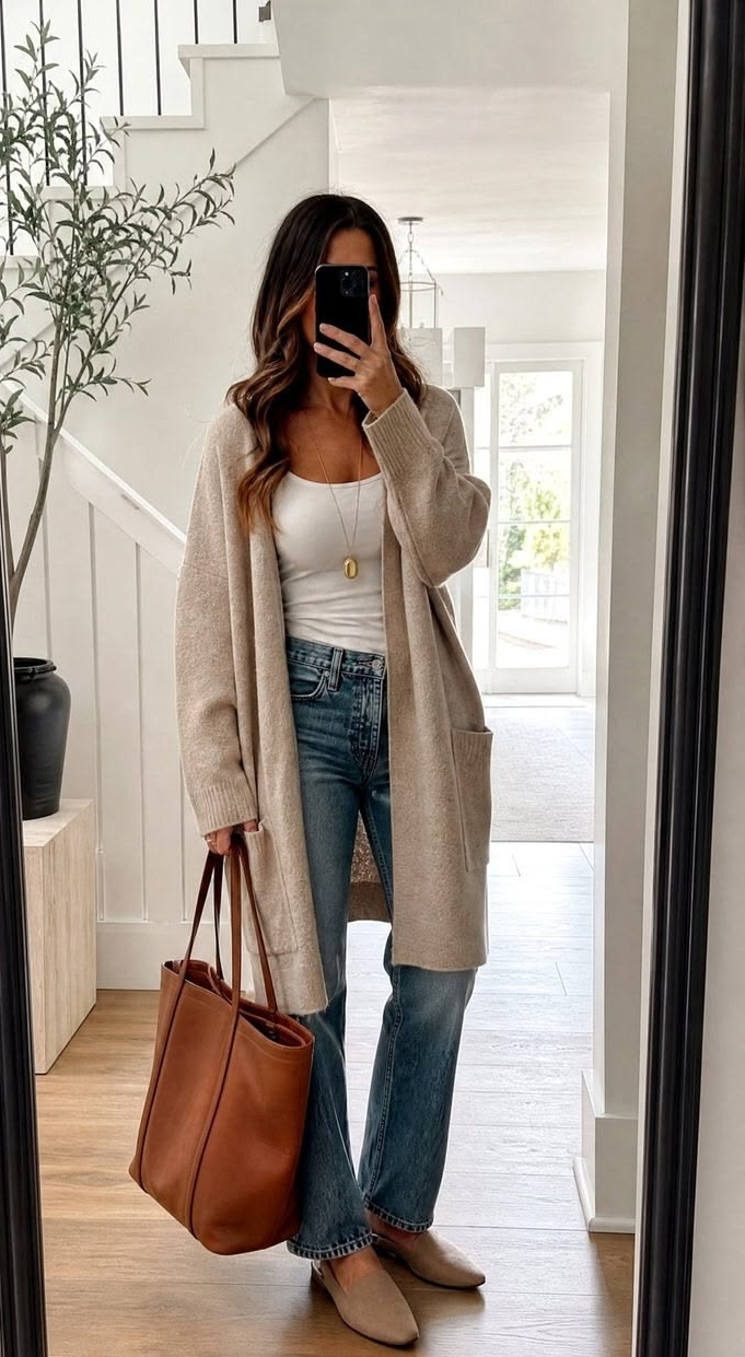 12. Beige Pocket Cardigan, Bootcut Jeans and Suede Flats for Casual Fridays