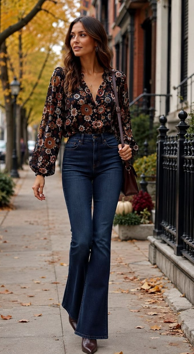 14. Black Floral Balloon-Sleeve Blouse with Dark-Wash Flare Jeans