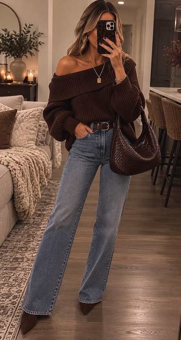 17. Brown Off-Shoulder Sweater with Belted Straight Jeans for Date Night