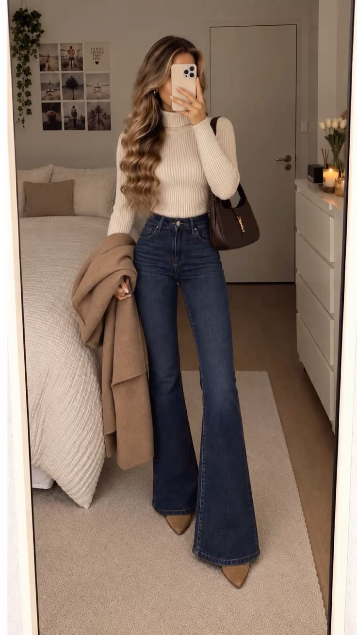 18. Ivory Ribbed Turtleneck and Dark Flared Jeans with Camel Coat