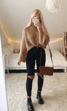 1. Camel Chunky Knit Sweater With Black Ripped Skinny Jeans