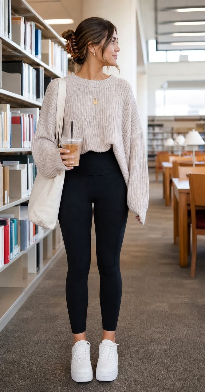 8. Oatmeal Slouchy Sweater and High-Waisted Leggings With White Platform Sneakers