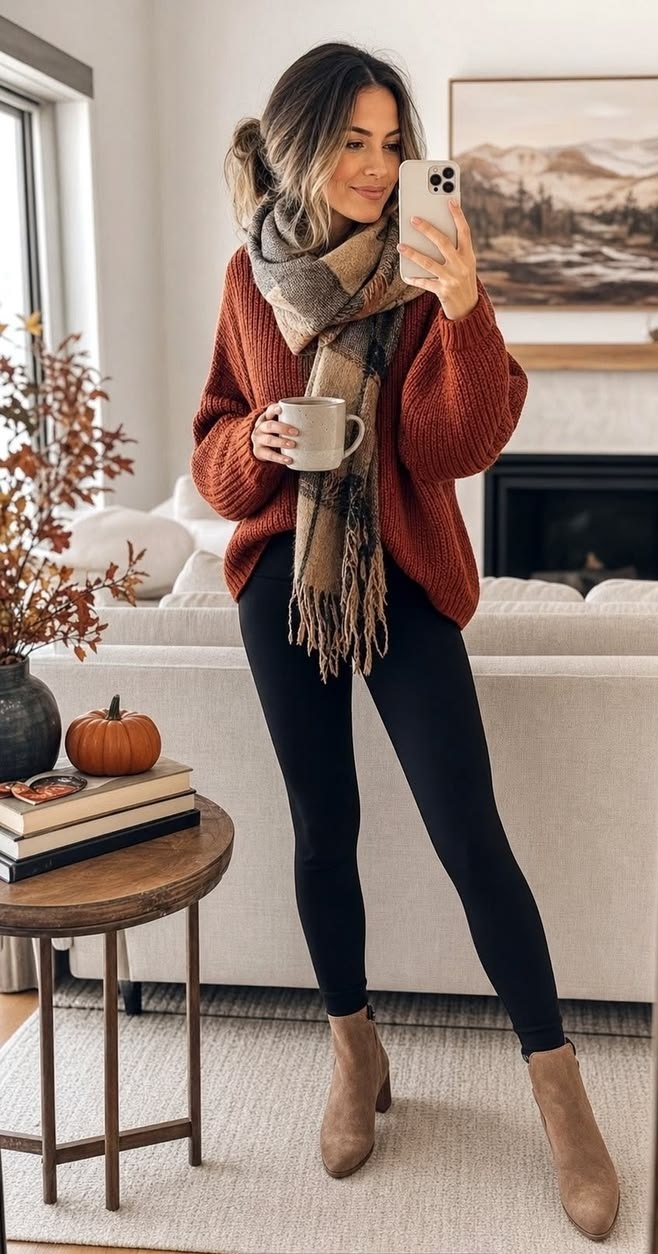 10. Cozy Rust Sweater, Plaid Fringe Scarf, and Leggings for Slow Mornings