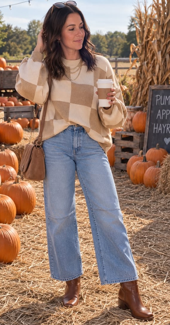 13. Beige Checkered Sweater and Cropped Wide-Leg Jeans for a Pumpkin Patch