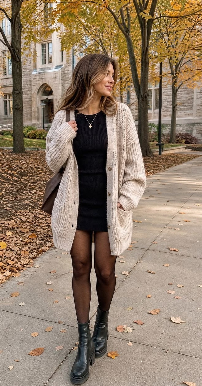 15. Black Knit Mini Dress Under a Long Oatmeal Cardigan With Tights