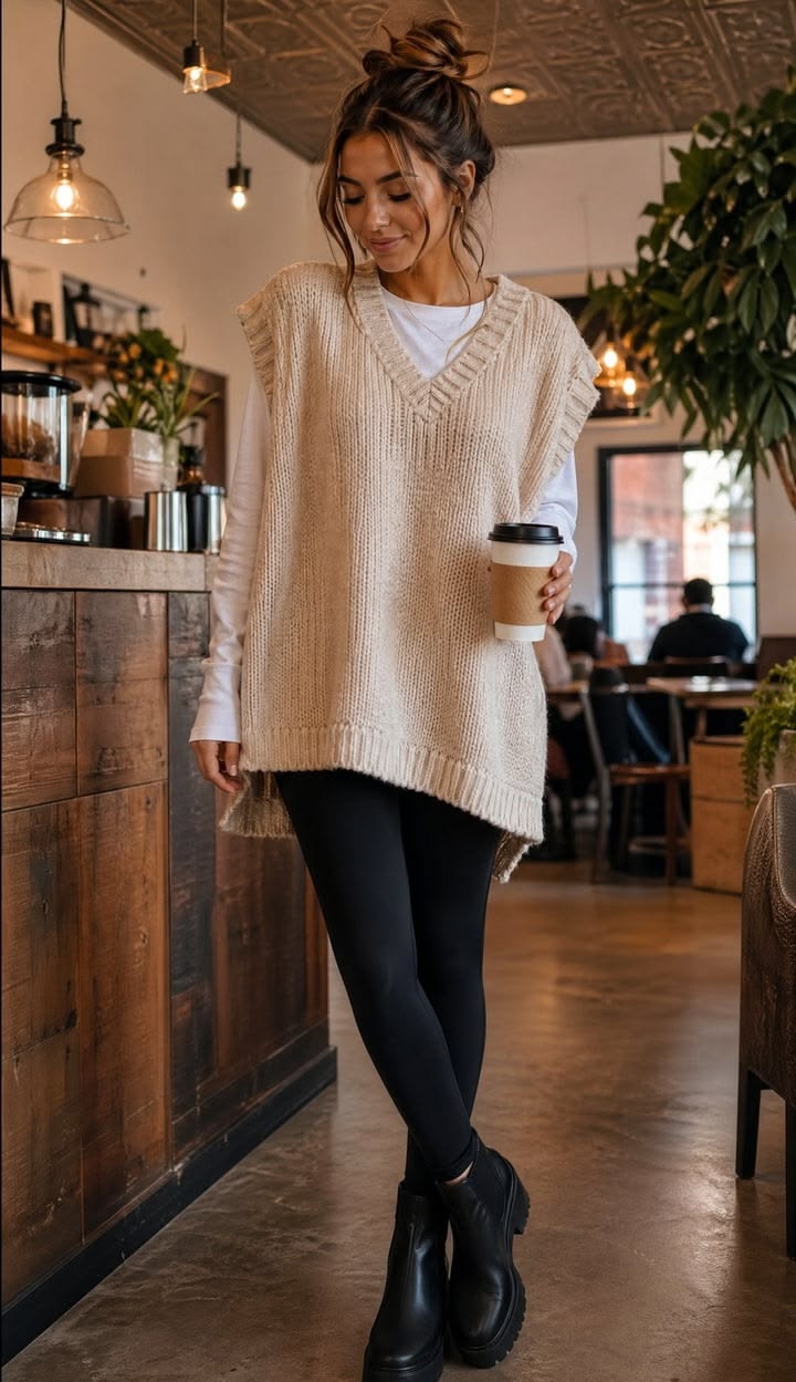 18. Sweater Vest Layered Over a White Tee With Leggings and Chelsea Boots