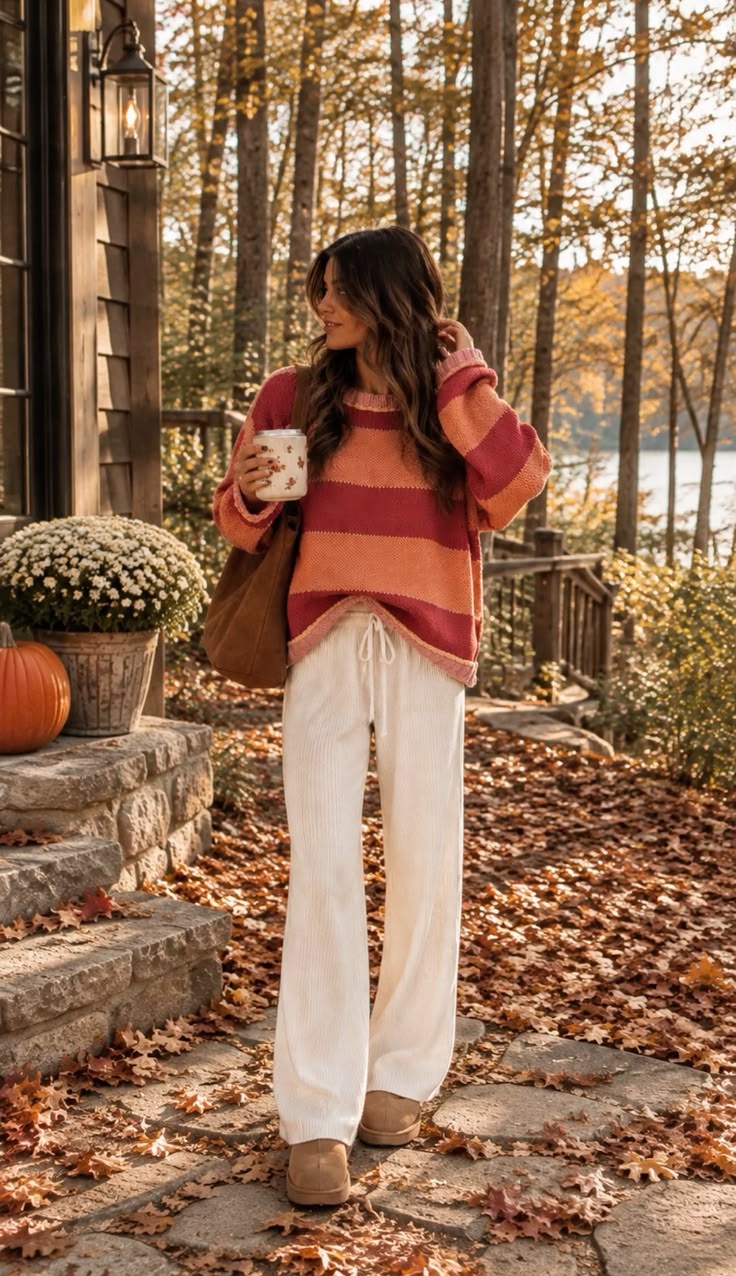20. Pink and Coral Striped Sweater With Cream Corduroy Wide-Leg Pants