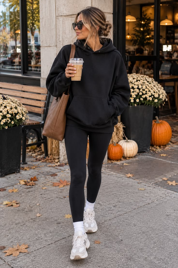 1. Oversized Black Hoodie With Leggings and Cognac Leather Tote