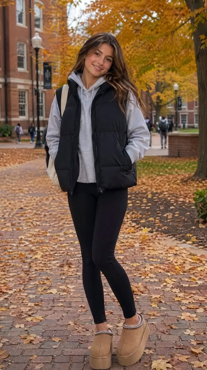 7. Black Puffer Vest, Grey Hoodie and Chestnut Platform Slippers for Campus