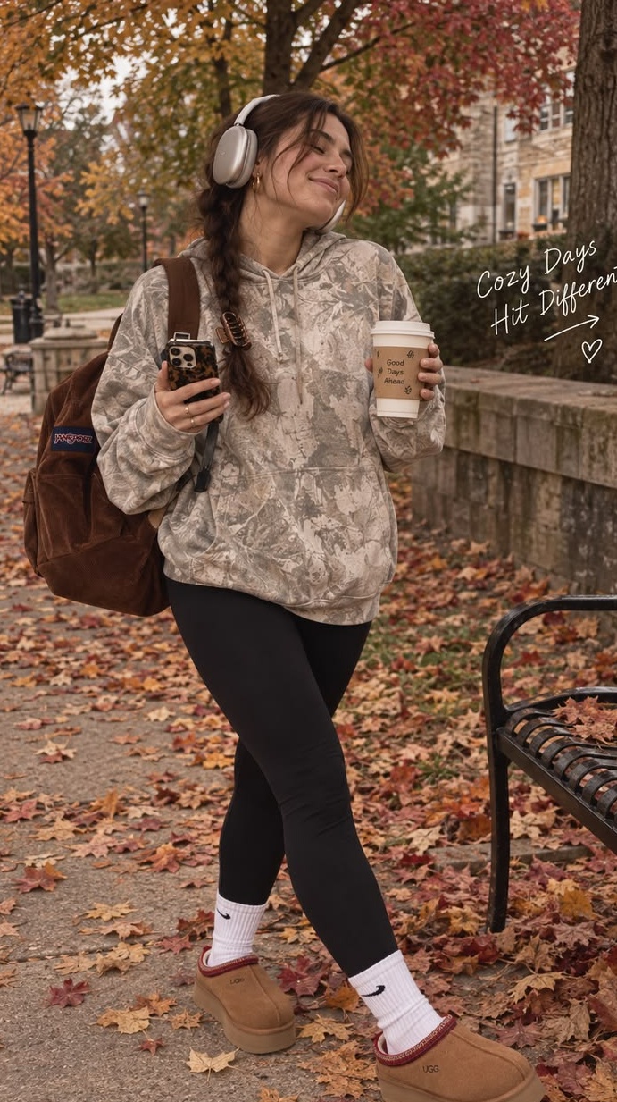 9. Sage Leaf-Print Hoodie, Black Leggings and Tan Platform Slippers
