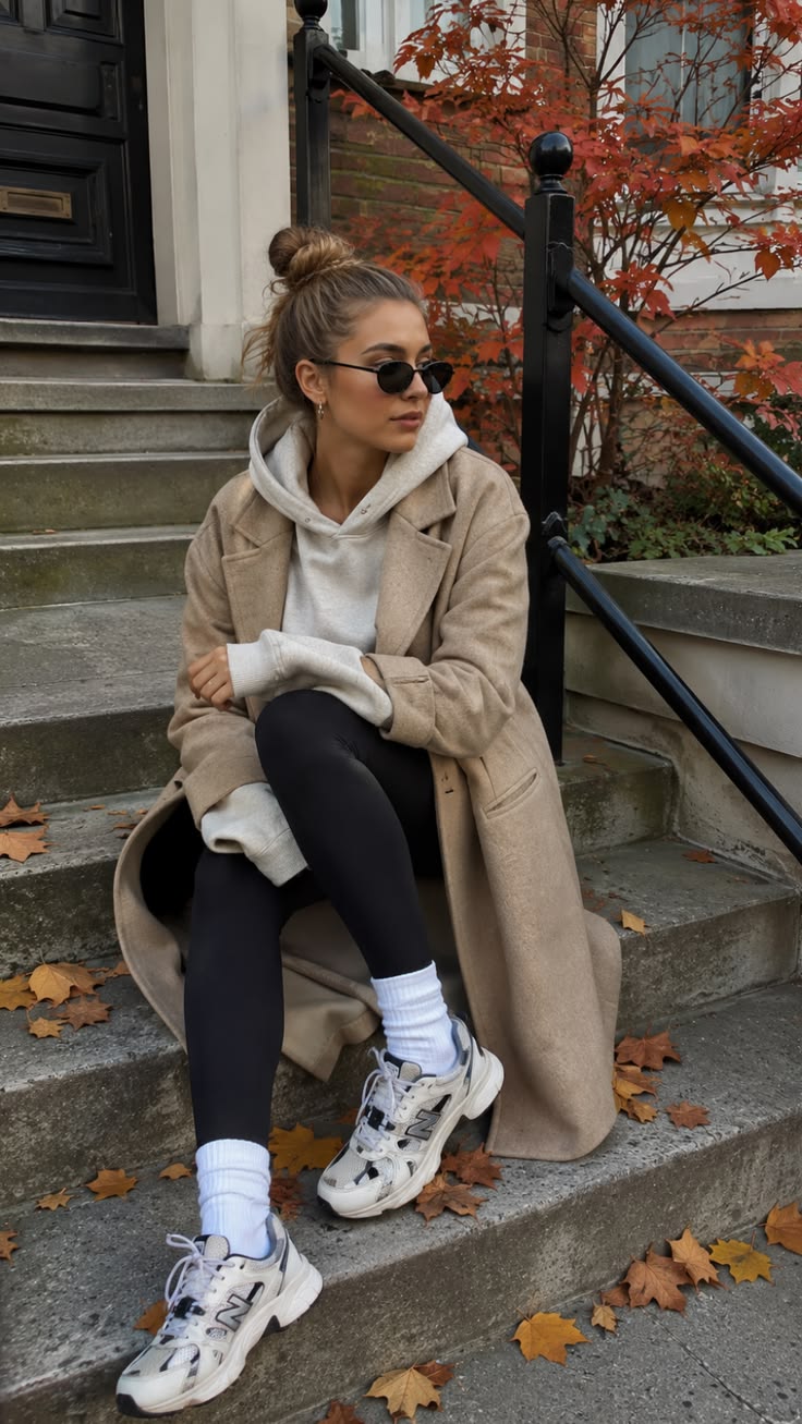 11. Long Camel Wool Coat Layered Over an Oatmeal Hoodie and Leggings