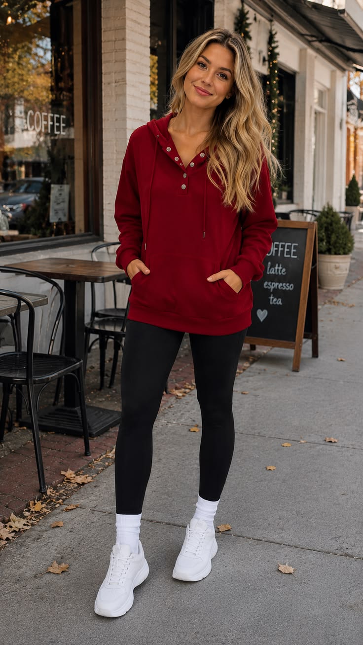 12. Cranberry Henley Hoodie With Black Leggings and White Chunky Sneakers