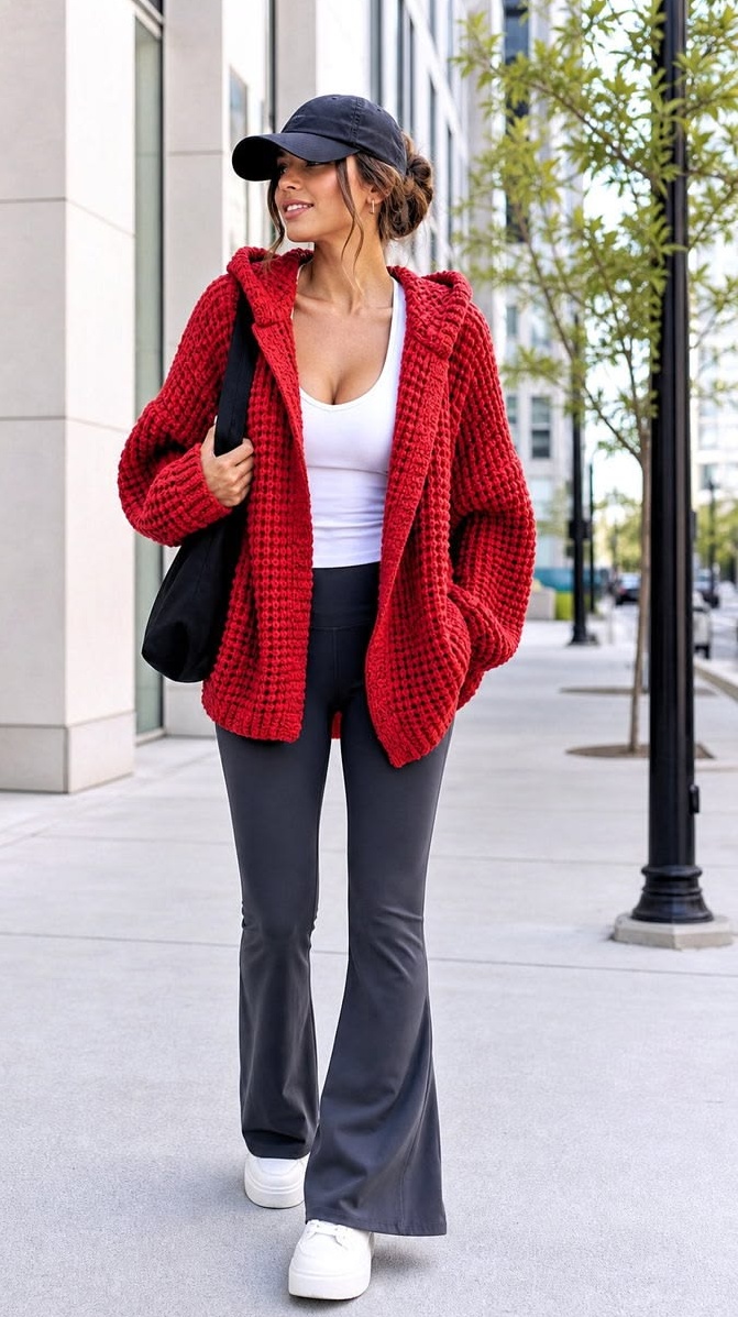 13. Red Waffle-Knit Hooded Cardigan, White Tank and Charcoal Flare Leggings