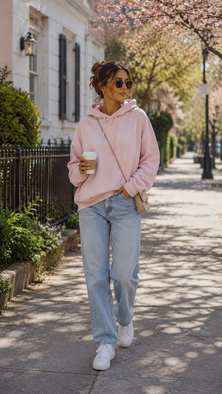 15. Blush Pink Hoodie, Light-Wash Straight Jeans and Mini Crossbody Bag