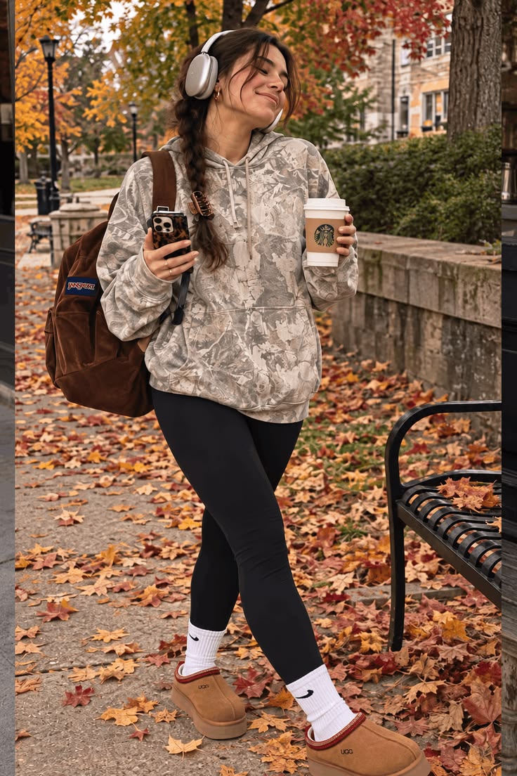 20. Fall Leaf-Print Hoodie With a Corduroy Backpack and Headphones for Class