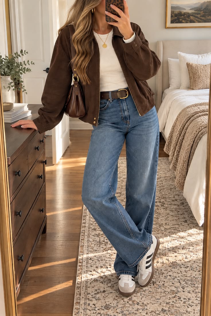 1. Dark Brown Suede Bomber With Wide-Leg Jeans and Gum-Sole Sneakers