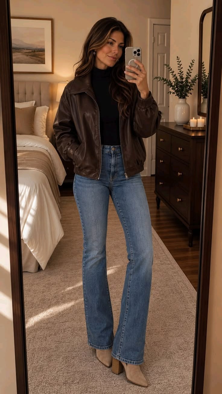 2. Leather Bomber, Black Turtleneck and Flared Jeans Over Suede Booties