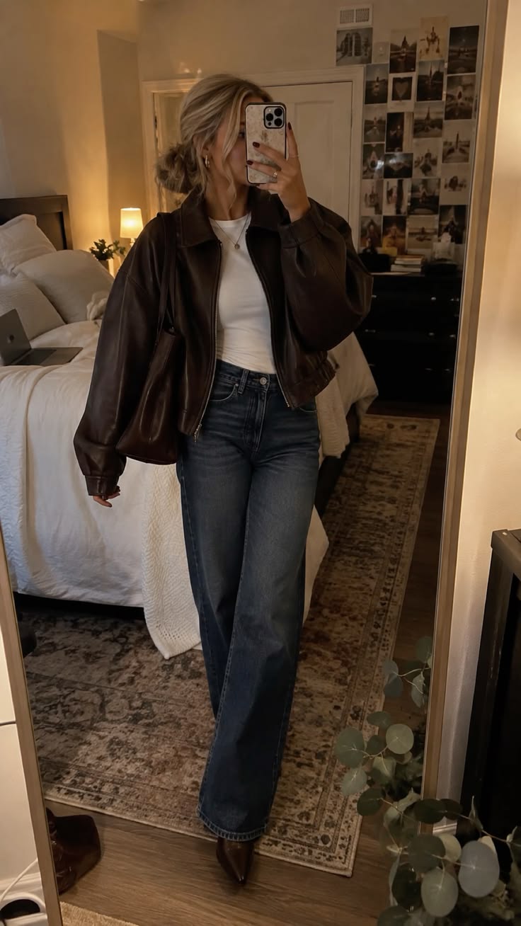 3. Oversized Chocolate Leather Jacket With Dark-Wash Wide-Leg Jeans