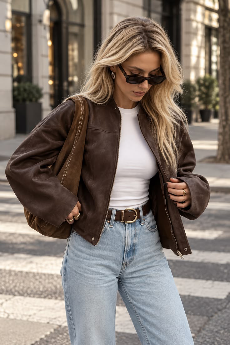 4. Worn-In Suede Bomber With Pale Jeans and a Brown Belt