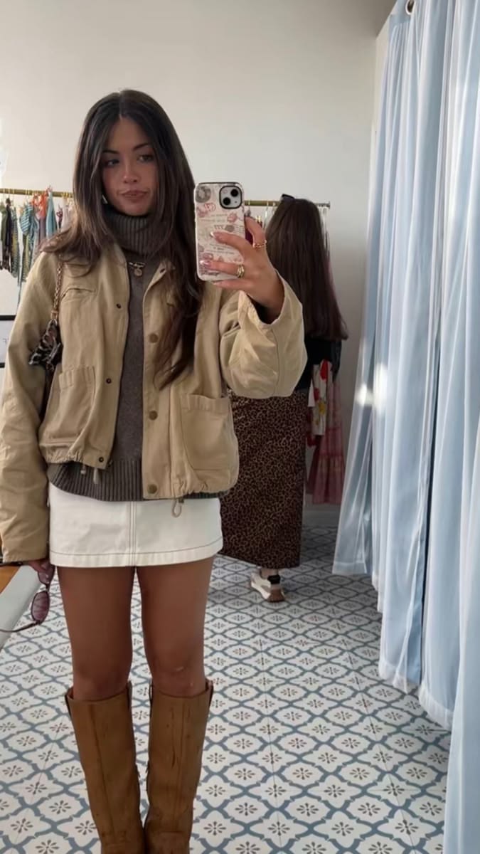 5. Camel Utility Jacket Over a Turtleneck, Mini Skirt and Knee Boots