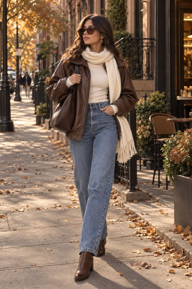 6. Cream Fringe Scarf Over a Leather Jacket and Straight-Leg Jeans