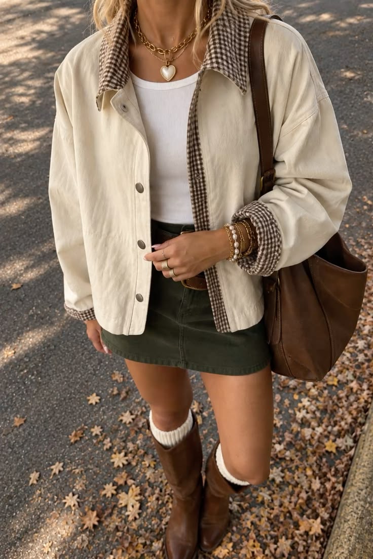 7. Gingham-Trim Cream Chore Jacket With an Olive Mini Skirt