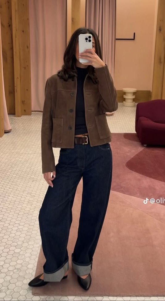 13. Brown Suede Button Jacket With Cuffed Dark Barrel Jeans and Flats