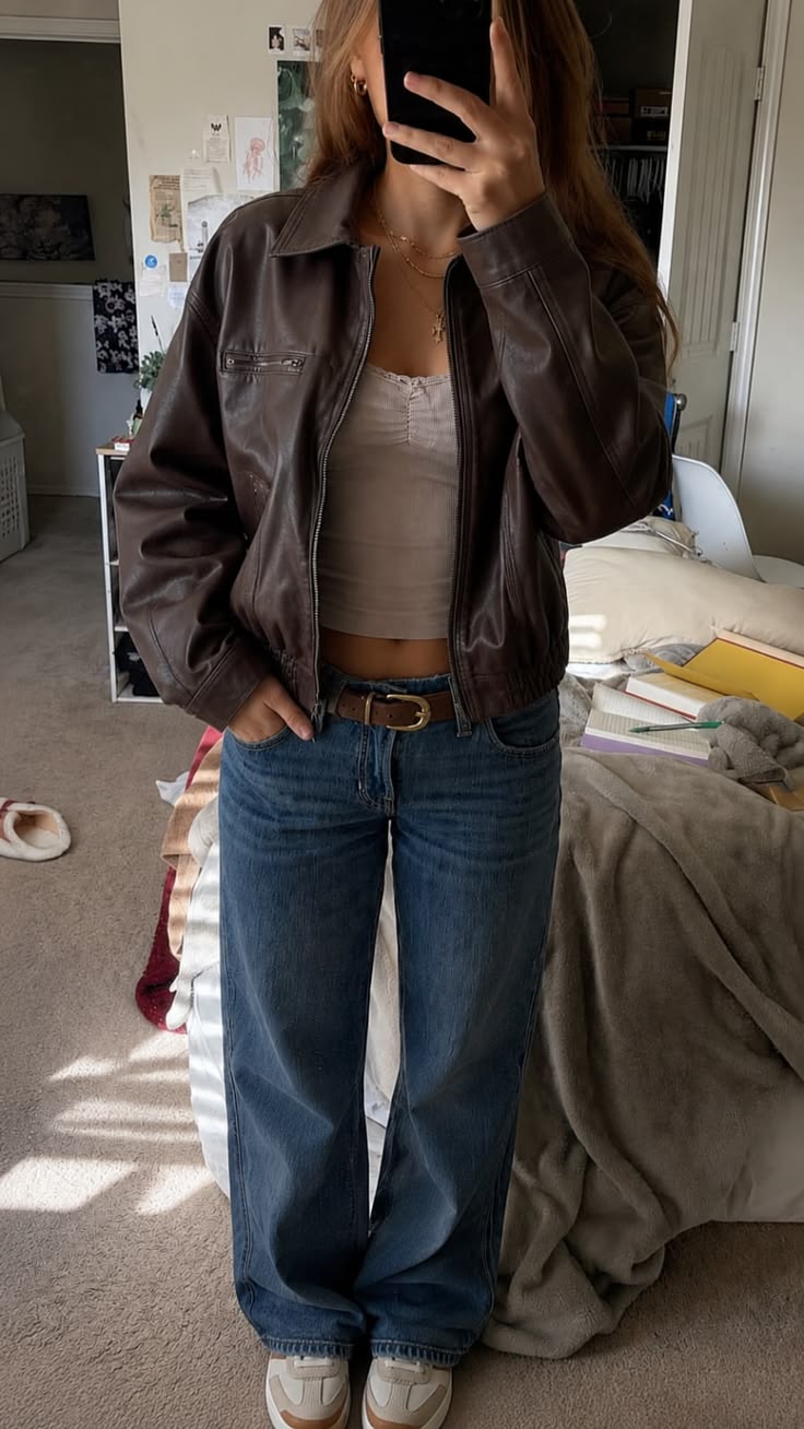 15. Cropped Leather Bomber, Lace-Trim Cami and Belted Baggy Jeans