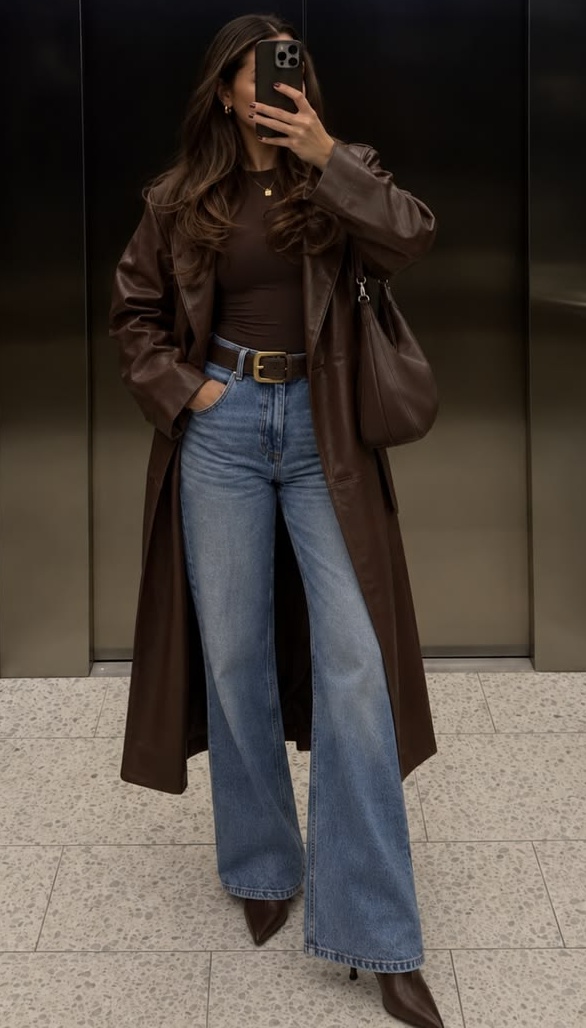 16. Long Chocolate Leather Trench, Brown Tee and Light Wide-Leg Jeans
