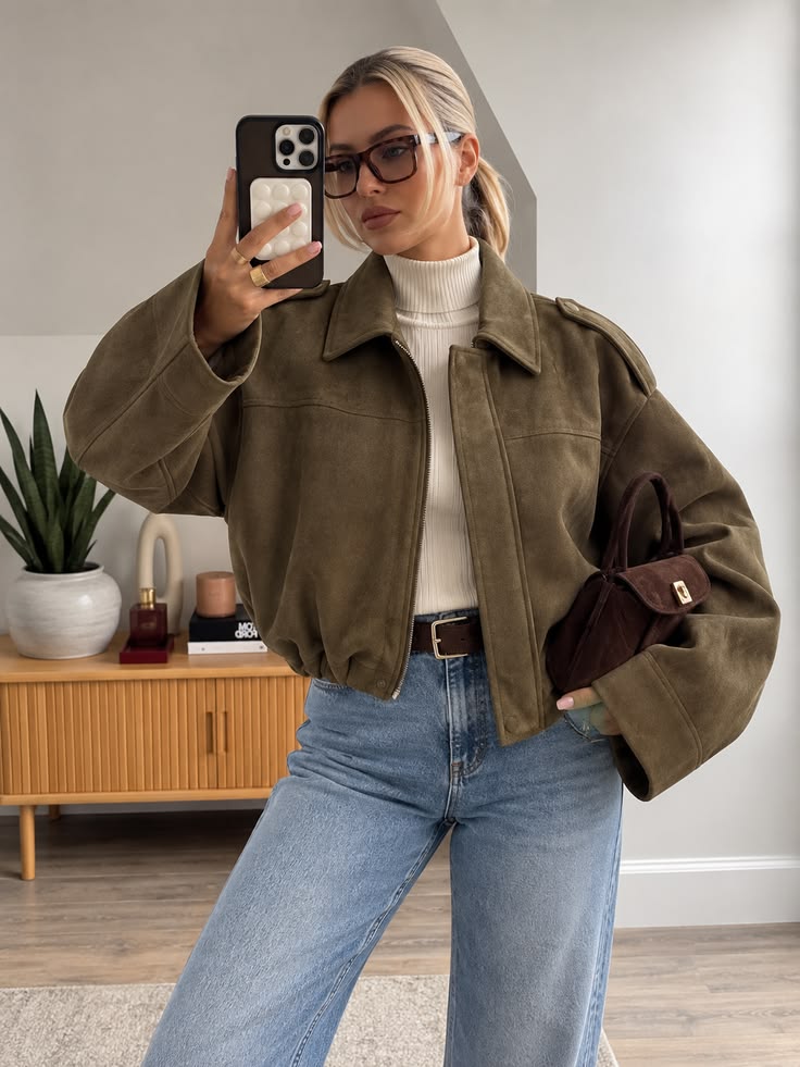 17. Olive Suede Bomber With Cream Turtleneck and Light Jeans