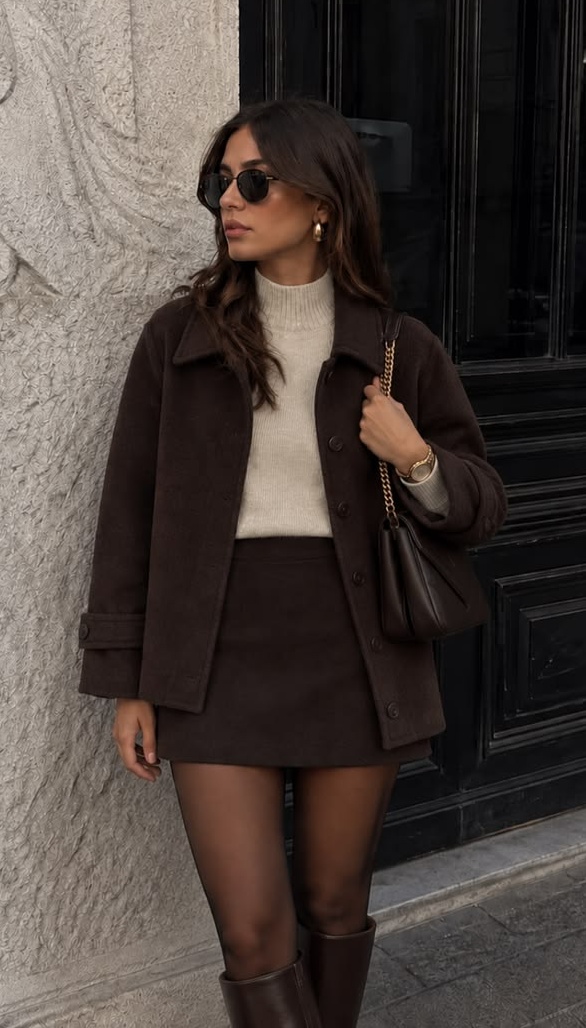 18. Matching Chocolate Wool Jacket and Mini Skirt With Knee-High Boots