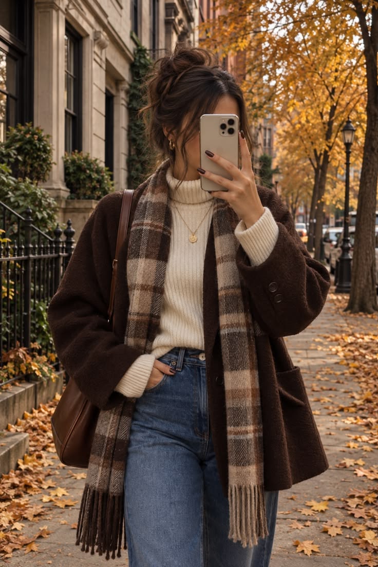 19. Teddy Wool Coat in Chocolate With a Plaid Fringe Scarf