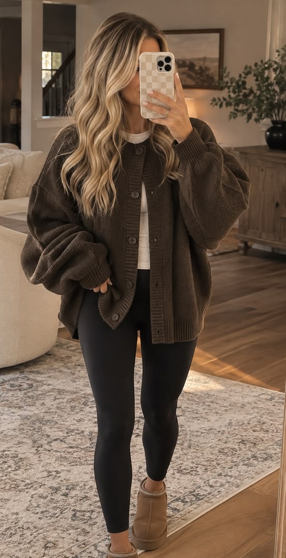 1. Chocolate Fleece Button Cardigan With Black Leggings and Suede Mini Boots