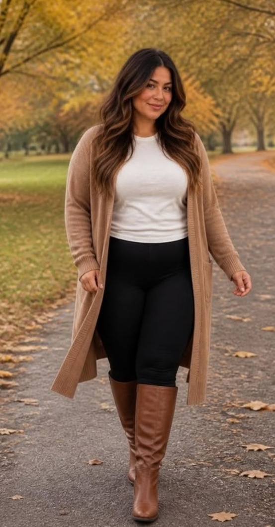 2. Plus-Size Camel Longline Cardigan Outfit With Cognac Riding Boots