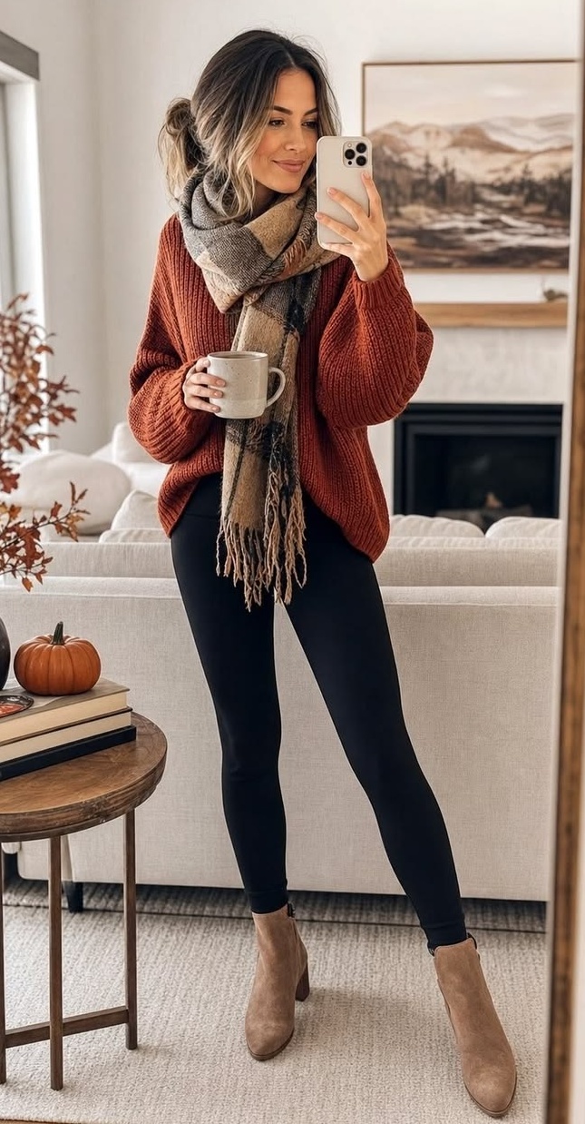 3. Rust Chunky Knit Sweater and Plaid Blanket Scarf Over Black Leggings