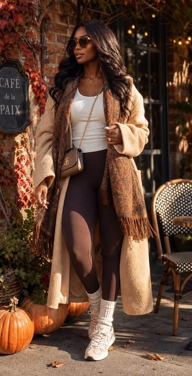4. Cream Teddy Coat With Espresso Leggings, Slouch Socks and Chunky Sneakers