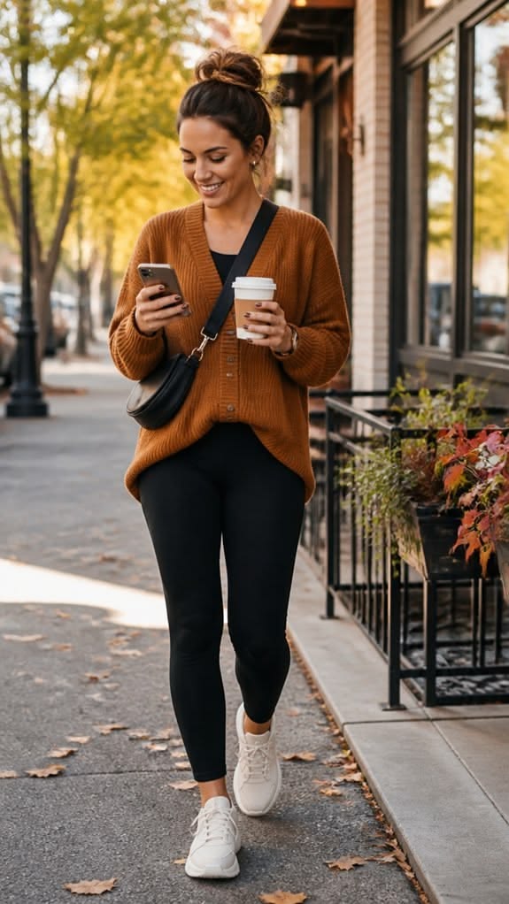 5. Cinnamon V-Neck Cardigan, Black Leggings and White Sneakers for Coffee Runs
