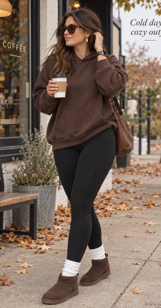 7. Brown Oversized Hoodie and Suede Mini Boots With White Slouch Socks