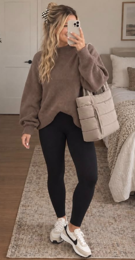 11. Mocha Mock-Neck Sweater With Retro Sneakers and a Quilted Puffer Tote