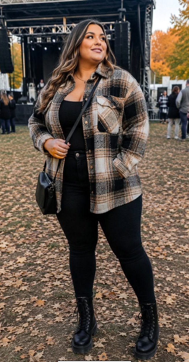 14. Fall Concert Outfit: Plaid Shacket, Black Bodysuit and Lace-Up Combat Boots