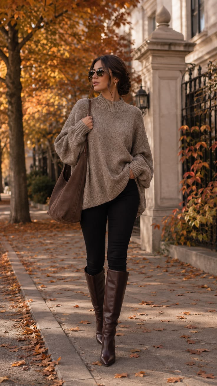 18. Taupe Oversized Mock-Neck Sweater and Espresso Knee-High Boots for City Walks