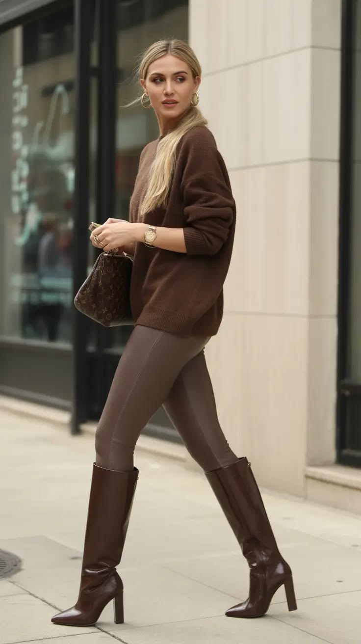 19. Monochrome Brown: Oversized Sweater, Faux Leather Leggings and Heeled Knee Boots
